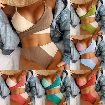 Bikini Patchwork Swimwear Ribbed Women's Swimsuit Knot Back Beachwear Ruched Butt Biquinis Bathing Suits SwagDials