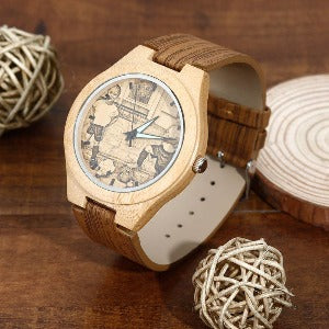 Women's Engraved Bamboo Photo Watch Wooden Leather Strap 40mm SwagDials