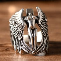 S925 Silver Vintage Headless Guardian Angel Feather Wings Ring SwagDials